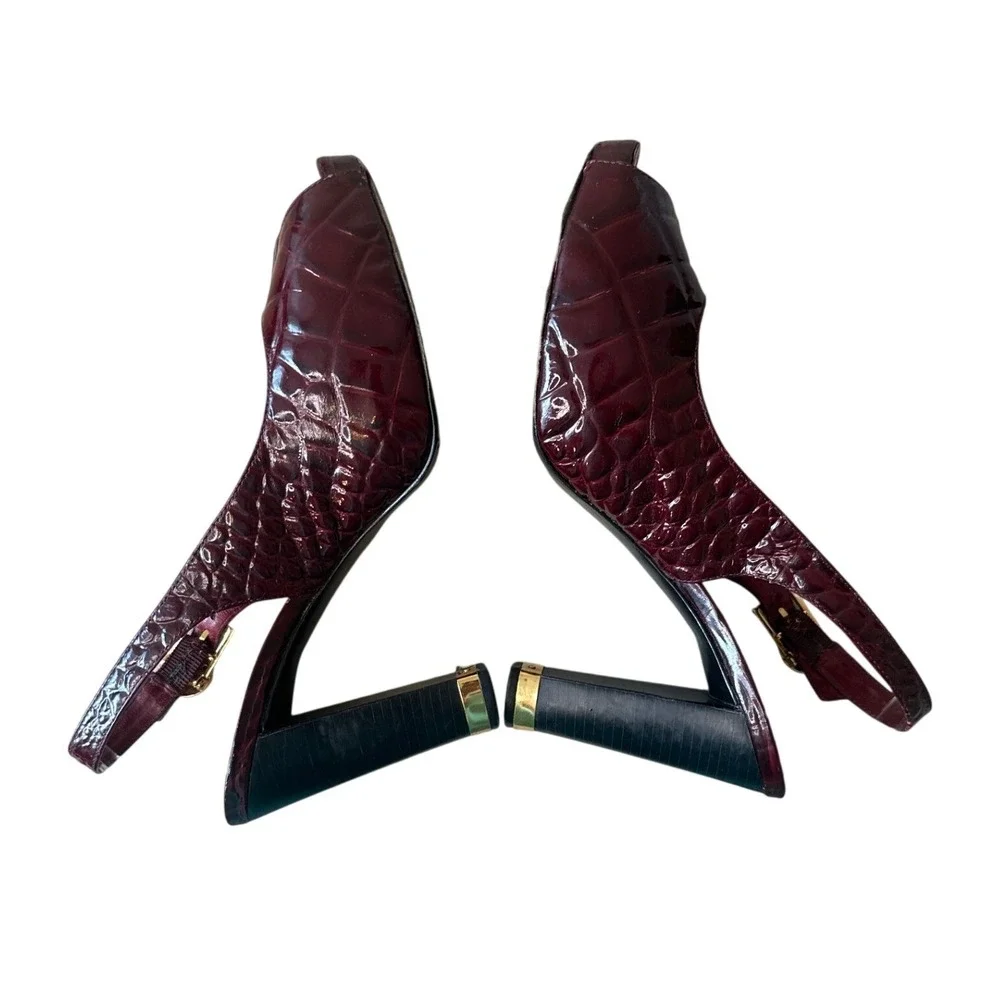 Tory Burch Allison Croc Patent Slingback Peep Toe‎ Block Heels 8 Bordeaux